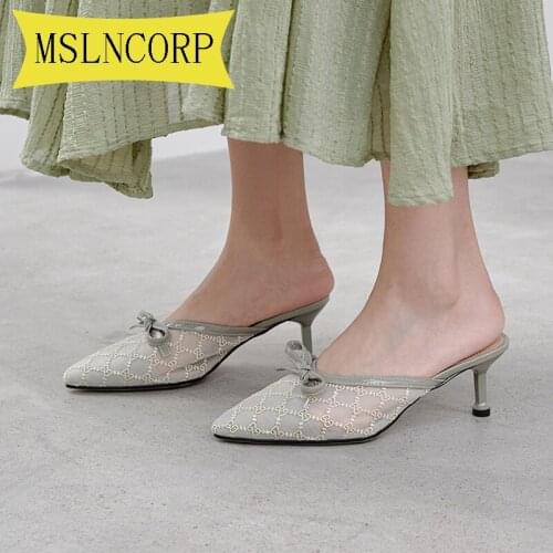 Plus Size 34-43 New Version of The Lace Net Yarn Wave Point Pointed Hollow Pumps Bottom Half Drag Muller Shoes Slippers Women