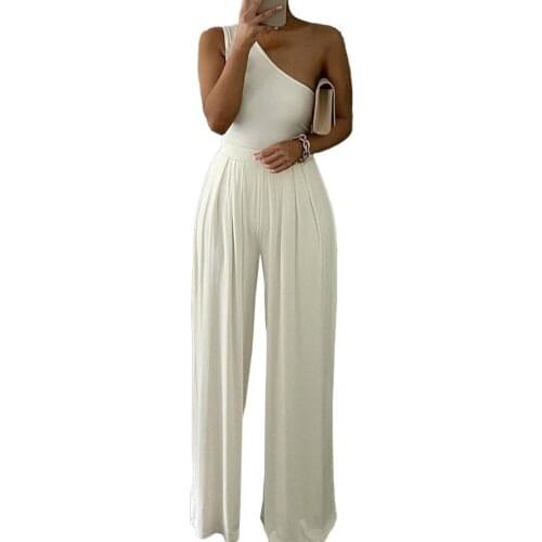 Romper Oblique Shoulder Wide Leg Female Ladies Solid Color Casual Jumpsuit Women Overall 2021 Loose High Waist Playsuit