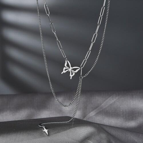 Fashion Hot Sale Butterfly Cross Double Layer Pendant Necklace Stainless Steel Necklace For Woman Girlfriend Daily Jewelry Gifts