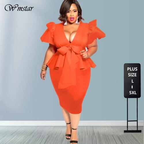 Office Lady Plus Size 5xl Dress Women Wholesale Itimes Summer Clothes Puff Sleeve V Neck Bow Ball Gown Maxi Dresses Dropshipping
