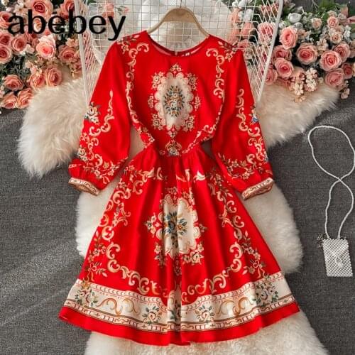 2021 New Summer Temperament O-neck long sleeve Dress high waist pleated waist Vintage print mid-length A-line Dress