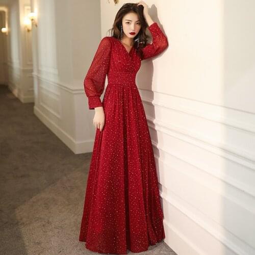 Wei yin AE0327 Robe De Soiree Long Sleeves Burgundry Long Evening Dresses 2021 Floor Length Vintage Cheap Prom Dresses