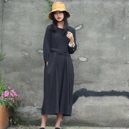 Johnature Spring Vintage Dress 2021 New Cotton And Linen Wrist Sleeve O-neck Solid color Loose Comfortable Simple women Dresses