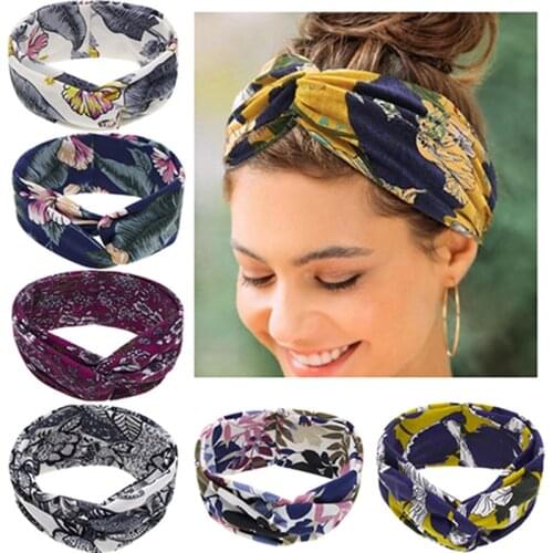 1 PCS Vintage Cross Knotted Print Headband Cute Flowers Pattern Women Elastic Hairband Girls Hair Accessories Photography Props