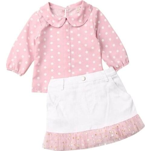 2PCS Sweet Kids Girls Long Sleeve Peter Pan Collar Dot Shirt Tops Sequins White Skirt Princess Girls Clothing Set