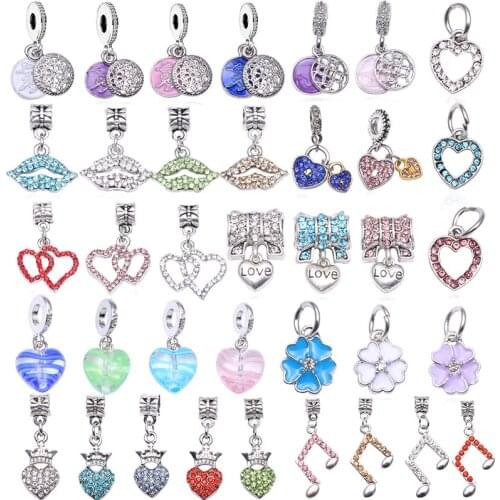 2Pcs/Lot 45 Style Romantic Series Silver Plated Love Heart Charm Beads fit Brand DIY Bracelets Necklace for Women Jewelry Making