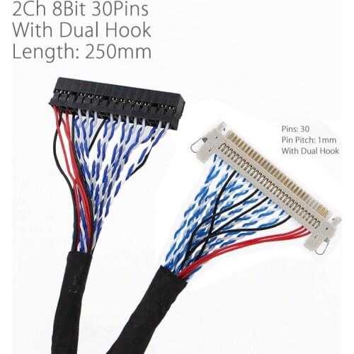 250mm/450mm with hooks LVDS Cable FIX-30P-D8 FIX 30Pins D8 Double 2ch 8bit 1.0mm Pitch for 17-21 LCD Display Panel Controller