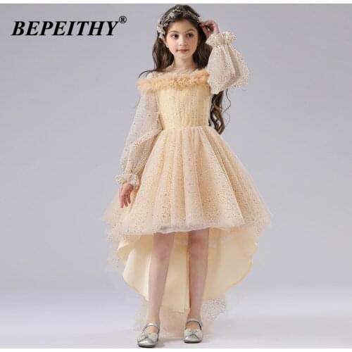 BEPEITHY Glitter Flower Girl Dresses For Wedding O Neck Kids First Communion Dresses Lace Ruffles Girls Pageant Gowns 2021