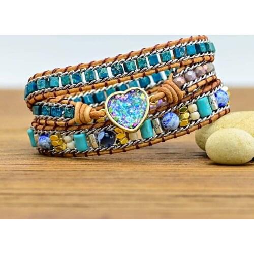 Luxury Leather Wrap Bracelets Bling Blue Heart Opal Jaspers 3 Strands Statement Bracelet Handmade Bohemian Jewellery