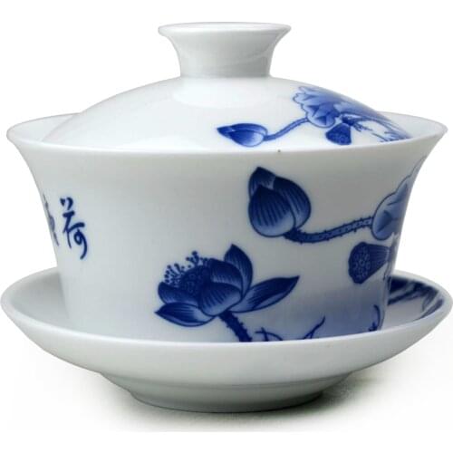 Gaiwan 300ml tureen Lotus teacups Blue white porcelain traditional Chinese tea set lid cups saucer teaware cover bowl teaware