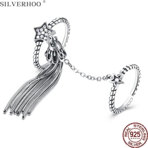 SILVERHOO 925 Sterling Silver Tassel Star Adjustable Knuckle Rings For Women Clear Cubic Zirconia Vintage Ring Party Jewelry