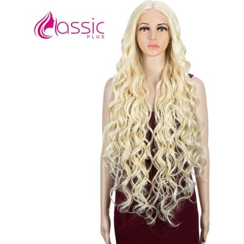 Classic Plus 34inches Long Natural Wave Wig Middle Part Black Color Wig Synthetic High Density Lace Front Wig For Black Women