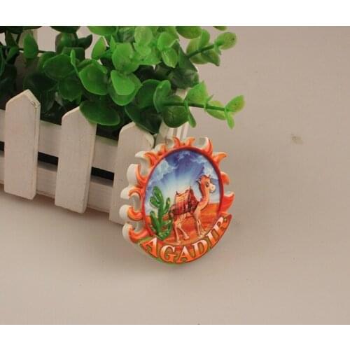 Round sun style cartoon camel resin magntic sticker from Agadir