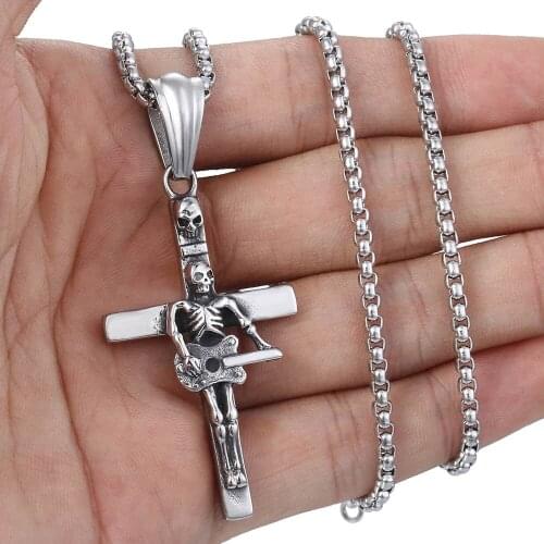 Guitar Skull Skeleton Cross Pendant Necklace for Men 316L Stainless Steel Silver Color 3mm Round Box Link Halloween Gifts HP549