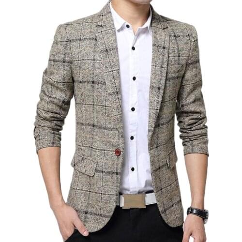 Men slim fit brazer brand plaid suit jackets costume homme mens lattice Formal brazers fashion design casual dress suit coats