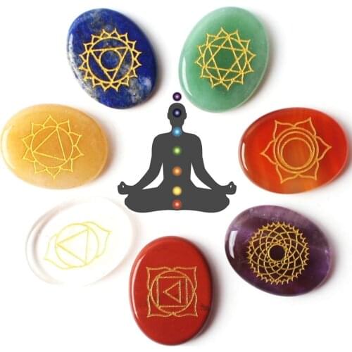 NEW Set of 7 Chakra Stones Symbols Stone Set Palm Natural Stone Crystal Gemstones Fengshui Decor Reiki Healing Divination