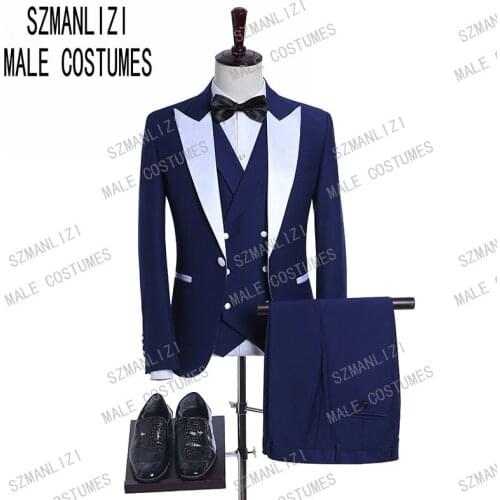 2019 Formal Blue Prom Men Suit 3 Pieces Terno Groom Tuxedos Groomsmen Men Wedding Suit Slim Fit Blazer ( Jacket+Pants+Vest+Bow)