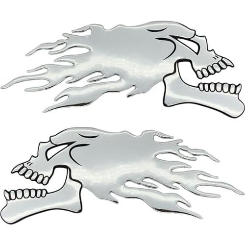 Pair Motorcycle Skull Head Flame Fuel Gas Tank Fairing 3D Emblem Badge Decal L/R