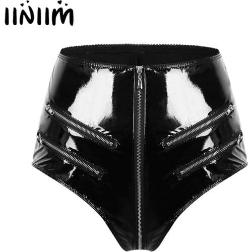 Womens Patent Leather Sexy Clubwear High-Waisted Front Zip Up Booty Shorts Hot Pants for Night Party Clubwear Rave Sexy Knickers
