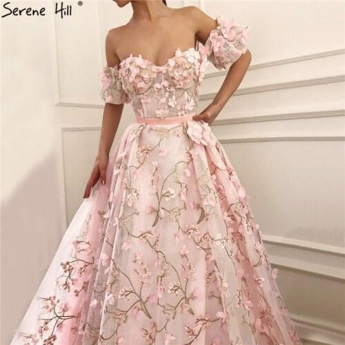 Pink Short Sleeves Off Shoulder Prom Dresses Handmade Flowers Sexy A-Line Prom Gowns 2020 Serene Hill BLA60967
