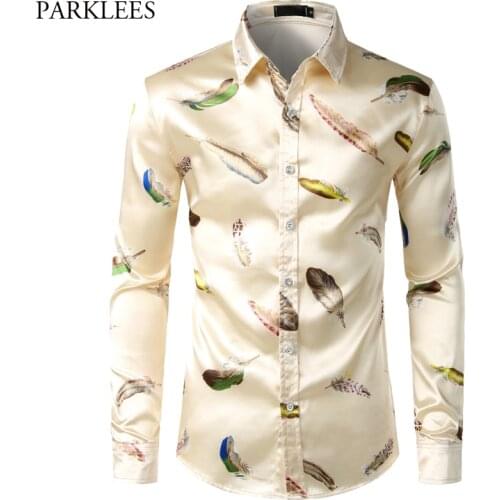 Feather Printed Silk Shirt Men Satin Smooth Men Long Sleeve Casual Party Button Down Men Designer Shirts for Men Camisas Hombre