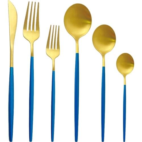 36Pcs Blue Gold Dinnerware Cutlery Set Stainless Steel Knife Dessert Fork Tea Spoon Silverware Kitchen Flatware Tableware Set