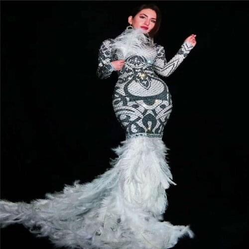 Y16 Feather long dress evening dress Elastic bag hip skirt singer rhinestone wedding dress party stage costumes dj wears disco