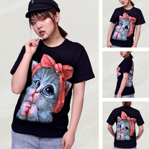 Women T-Shirts Tops Cartoon Cat Graphic T Shirt Female Summer 2021 Both-Sides Print O-Neck Tee Anime Kawaii Short Sleeve Clothes