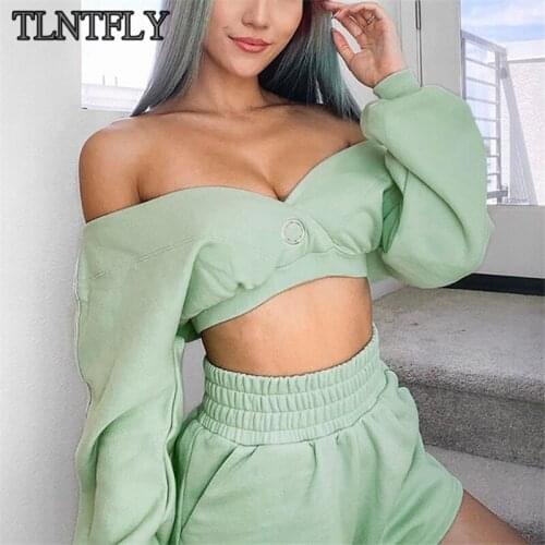 TLNTFLY V-Neck Off-Shoulder Long-Sleeved Sweatshirt Sports Shorts Sexy 2 Piece Set Autumn Womens Streetwear Fashion Shorts Sets
