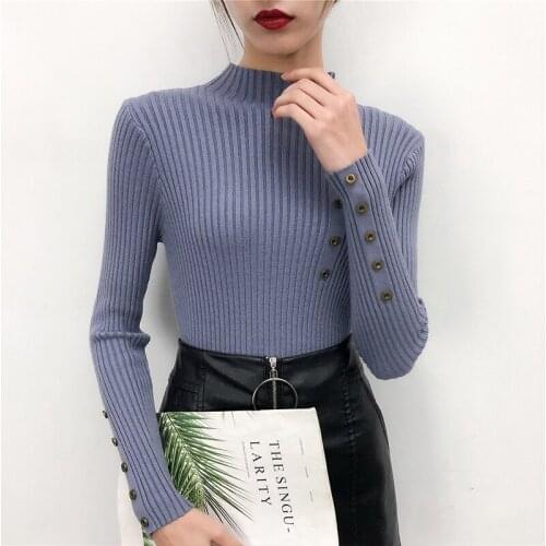 Women Sweater for Autumn and Winter 2021 Black Long-Sleeve Knitwear Top Casual Button Solid White Blusas Female Slim Fit 0828