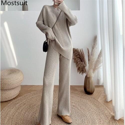 Solid Fashion Knitted Two Piece Pants Sets Women Long Sleeve Sweater + Wide Leg Pants Suits Korean Casual Elegant Female Sets