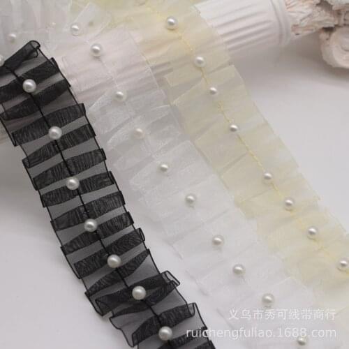 15Yards Pleated Pearl Lace Trim Bubble Skirt Ruffle Gauze Lace Ribbon Beaded Lace Fabric Accessories Tutu Lace Wedding Decortion