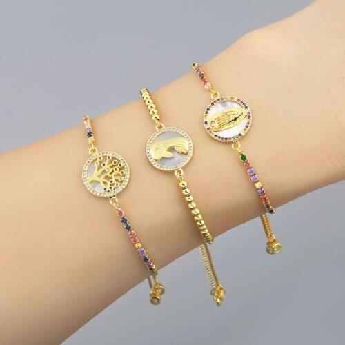 2021 pave tiny cz shell Virgin Mary tree bracelet for woman charm gold rainbow fashionable dainty link adjustable bracelets