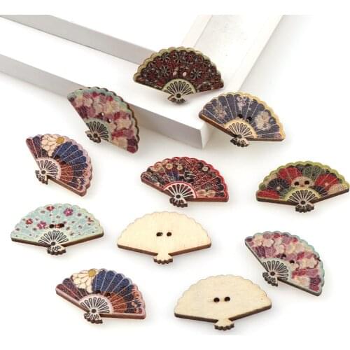 High Quality Natural Color 50PCS China Fan Style Stamp Wood Buttons 2 Holes Stamp Shape Pattern At Randomly