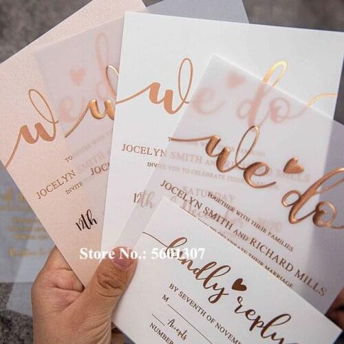 50 Pieces/Lot) New Flower Personalized Print Translucent Wedding Invitation With Pearl Envelope Greeting Cards For Anos Party