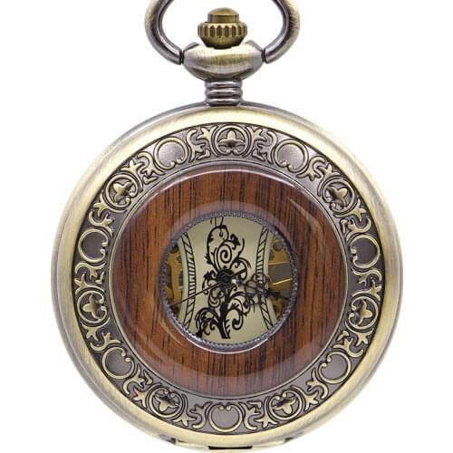 Bronze Mechanical Pocket Watch Solid Wood FOB Chain Roman Dial Hollow Steampunk Skeleton Mens Womens Clock Watches PJX1396