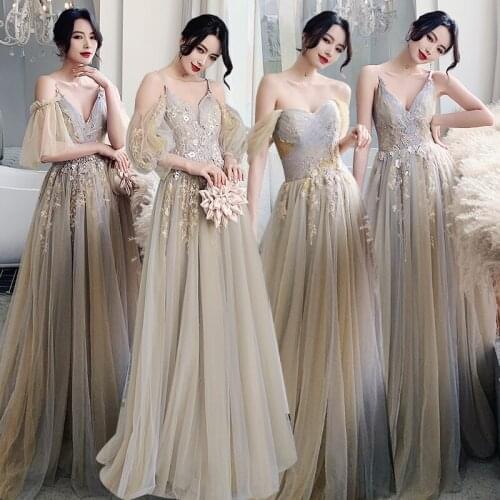 Bridesmaids Dresses Illusion Spaghetti Straps Embroidery Sequined V-Neck A-Line Floor-Length Pleat Women Wedding Party Gown E242