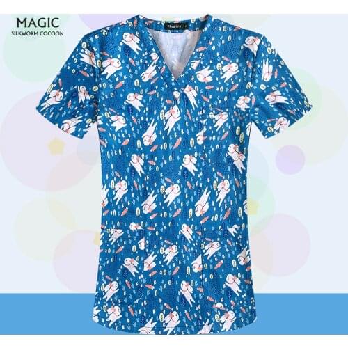 Short Sleeved Scrubs Tops with Pocket Breathable Print Spa Uniforms Pet Clinic Veterinary Workwear Nutritionist Nursing Uniforms