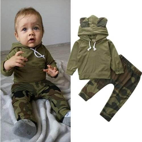 Newborn Baby Boy Girls Long Sleeve Camo Hooded Sweatshirt Tops + Pants Outfit Clothes Lovely Green Toddler Set