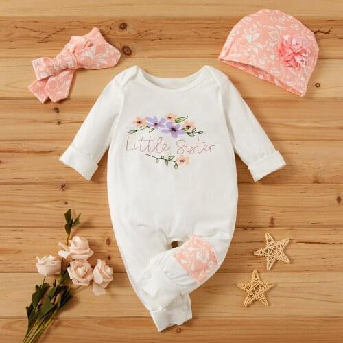 3-piece Baby Girl Little Sister Letter Print Long-sleeve Jumpsuit , Headband, Hat Set