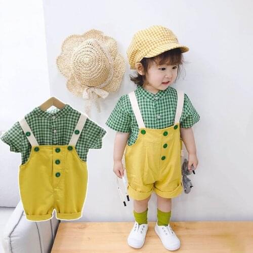 Summer boy baby girl clothes suit children children short-sleeved plaid shirt shorts toddler baby clothes suit