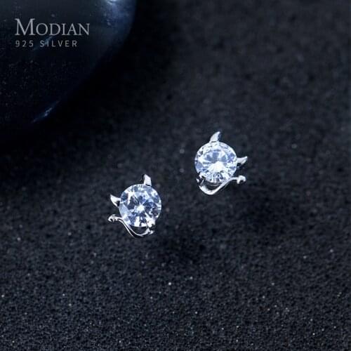 Modian Trendy 100% 925 Sterling Silver Cute Demon Clear CZ Small Stud Earrings for Women Fashion Earrings Korean Fine Jewelry