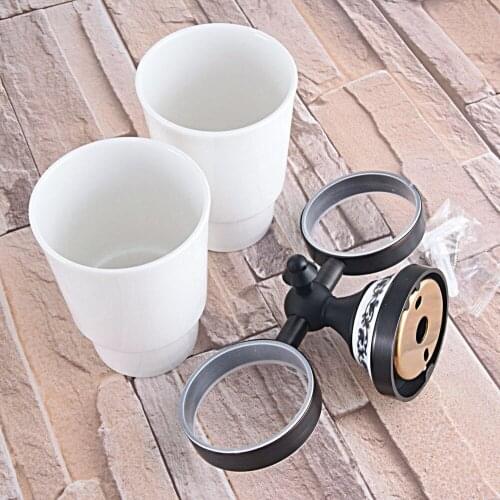 Black Oil Rubbed Bronze Ceramic Base Wall Mounted Double Tumbler Holder White Ceramics Toothbrush Cup Bathroom Accessory aba767