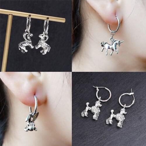 SOHOT New Hot Sale Animal Pendant Women Hoop Earrings Silver Color Dog Rabbit Ram Duck Cat Unisex Men Piercing Jewelry Bricnso
