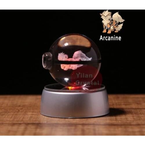 Pokemon Pokeball Toys 3D Engraving Round Crystal Ball with LED Light Arcanine Model Toys