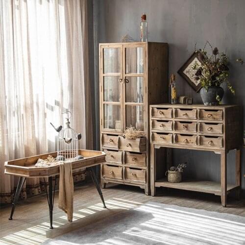 Retro Solid Wood Glass Bookshelf Floor Storage Cabinet Simple Homestay Bedroom Living Room Old