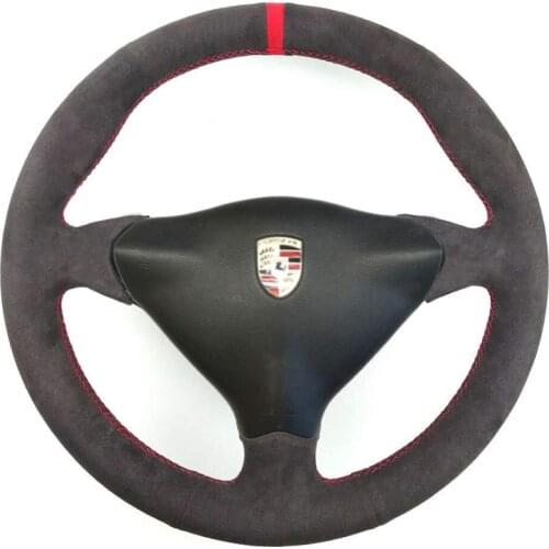 DIY All Black Suede Leather Steering Wheel Red Stitch on Wrap Cover Fit For Porsche 911 986 996 Carrera Boxster S 1998-2004