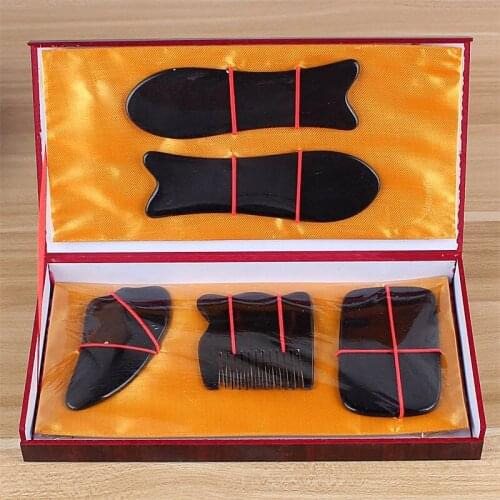 Natural Black Ox Horn Scraper Gua Sha Massage Board Wooden Box 5-piece Set Fish Shaped and Comb for Wrinkle Remover Beauty Care