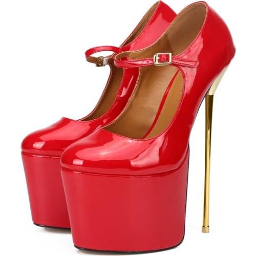 Dress Women Pumps Heels Party Shoes Nightclub Patent Leather Buckle Strap 22CM Thin High Heels Round Toe waterproof shoes women