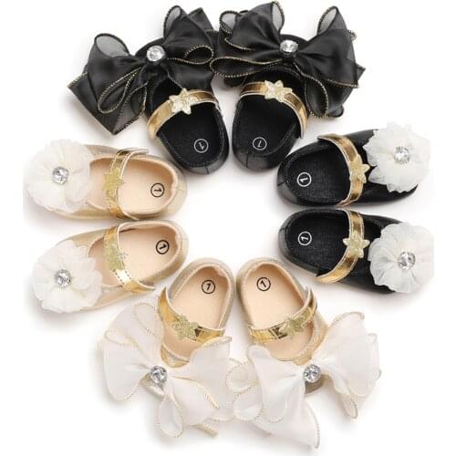 Baby Girl Princess Dress Shoes, Shiny Non-Slip Soft Sole Mary Jane Flats with Big Bow/Flower 0-12M